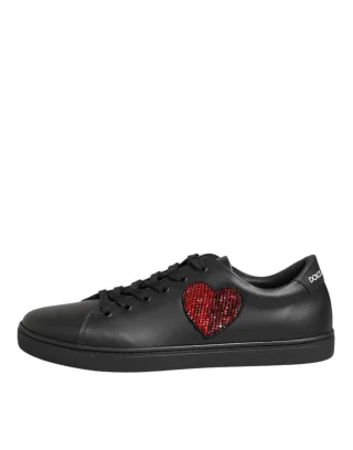 Dolce & Gabbana Schwarze Leder Sneakers mit Kristallherz