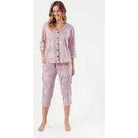 COOLISMO NIGHTWEAR Capri-Pyjama Damen Schlafanzug geknöpft, reine Baumwolle (2 tlg) elegante Loungewear in Altrosa mit schwarzem Druck & Satin-Piping
