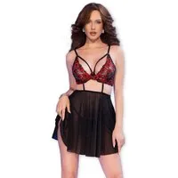 Chilirose Set: Bügel-BH BH + Tüllrock in schwarz-rot mit Blumenmotiv (Set)