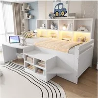 Flieks Kinderbett, Halbhochbett 90x200cm mit Schreibtisch, Schrank, Aufladen & LED-Leiste