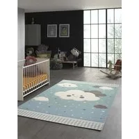 TeppichHome24 Kinderteppich Teppich für Kinder mit Wolken in Blau, rechteckig, Höhe: 10 mm