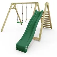Wickey Doppelschaukel Smart Swift – Gartenschaukel mit extralanger Rutsche & Turnzubehör, (Schaukelgestell - Motoriktraining durch Turnringe, Schaukel & Podest, Kinderschaukel - Erweiterbar für Kinder aller Altersstufen), Massivholz-Spielanlage für K