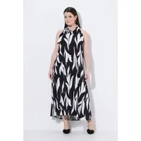 Ulla Popken Jerseykleid Maxikleid Blätter Stehkragen Zierspange ärmellos