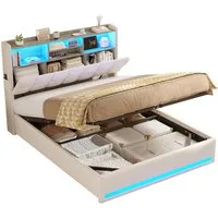MSMASK Polsterbett Hydraulisches Stauraumbett mit LED-Bleuchtung, 90X200 cm (1-tlg., Ohne Matratze), Jugendbett mit USB- und Type-C-Anschlüsse, Leinenstoff
