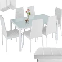 tectake Sitzgruppe Essgruppe aus Stahl, 7-teilig, bodenschonende Kunststoffkappen, (Loungeset Brandenburg, 7-tlg., in Weiß/Weiß), Esstisch mit 6 Stühlen, gepolstert mit Kunstlederbezug