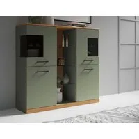 OTTO home Highboard Ribe,120cm breit,112cm hoch,Oberplatte massiv,12 Fächer, Eiche massiv,Melamin Salbeigrün,schwarze Metall Griffe,Türen mit Glass