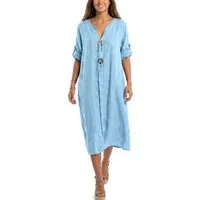 dy_mode Hemdblusenkleid Damen Leinenkleid Midi Hemdblusenkleid mit V-Ausschnitt Freizeitkleid in Unifarbe, V-Ausschnitt, mit seitlichen Eingriffstaschen