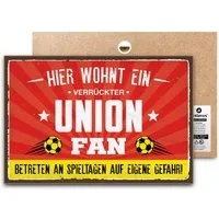 ARTFAVES Holzbild Schild mit Spruch - Hier wohnt ein verrückter UNION Fan - Fussball, Be