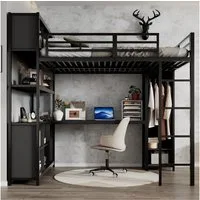 Odikalo Hochbett 140x200 Metallbett mit Schreibtisch Jugendbett Kinderbett (Eisenbett, Hochbett, Doppelstöckiger Stauraum unter dem Schreibtisch, Oberes Bett mit Stauraum, Mit Kleiderschrank, Eisen + Spanplatte, Schwarz / Weiß, 140x200cm) Stabile Lat