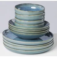 Gipfelstück Tafelservice Teller Set, Geschirr-Set, Service Tiefer See (12-tlg), 4 Personen, Steinzeug, Scandi-Style, jedes Stück ein Unikat, 12 Teile, für 4 Personen