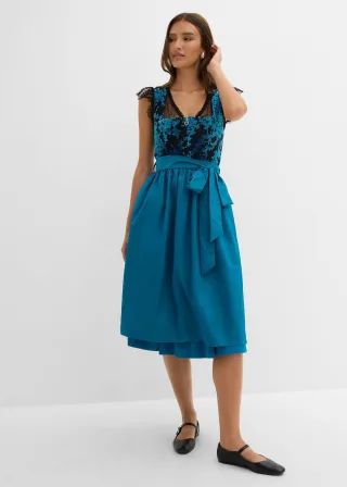 bonprix Dirndl mit Samt in Midilänge (2-tlg.Set), petrol, Gr.46, traditionelles Dirndl mit hochwertigen Samtmieder mit Burn-Out Muster und changierender Schürze. Der Rock ist mit einem angenehmen Baumwollfutter ausgestattet., aus Samt