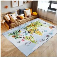 SIMPEX24 Teppich Weltkarte mit Tier Design, Rechteckig, Höhe: 7 mm, Kinderteppich Weltkarte mit Tierdesign Teppich Kinderzimmer Rutschfest