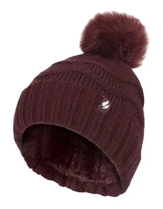 Damen Winter Pelz Beanie Mütze | Wärmehalter | Zickzack gemusterte Pom Pom Hut | Womens Thermal Cuff Bobble Hat - Wein