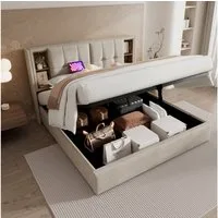 Flieks Polsterbett, Doppelbett mit Kabellosem Laden/USB/Typ-C + Stauraum Leinen 180x200cm