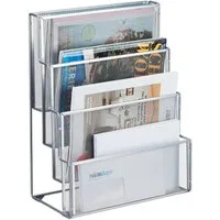 relaxdays Zeitungsständer Zeitschriftenhalter Metall 4 Fächer, silber
