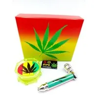 meytrade Grinder Pfeife und Sieb als Geschenkset in einer Box mit Hanfblatt