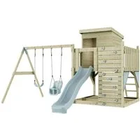 OutdoorToys Spielturm Björn aus Holz in Eisblau mit Babyschaukel & Rutsche, Kletterwand, aus Holz in Eisblau mit Babyschaukel & Rutsche, Kletterwand