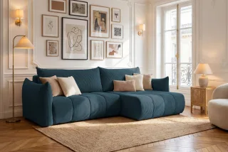 Ecksofa Schlafsofa ONTARIO in Stoff Poso Dunkelblau Ottomane Rechts