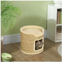 PawHut Kratzbaum 2 Ebene Kratztonne, 37 cm Hoch Katzentonne mit Tür, für Katze bis 5 kg, Khaki
