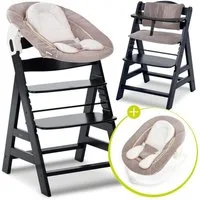 Hauck Hochstuhl Alpha Plus Black Newborn Set - Stretch Beige (Set), Holz Babystuhl ab Geburt inkl. Aufsatz für Neugeborene & Sitzauflage