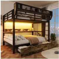 REDOM Etagenbett mit LED-Licht und Stauraum, Metallbett mit Schubladen & Regal (mit Aufbewahrungskorb, Kinderbett Metallbett, Jugendbett 140x200 cm), ohne Matratze