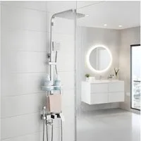 LuxaSteel Duschsystem Duschsystem mit Regendusche, 2 Handbrausen & Ablage, 5 Strahlart(en), Komplett-Set, Thermostat mit Brausegarnitur mit Kopfbrause, 3-fach verstellbare Wellness Handbrause, integrierte Ablage