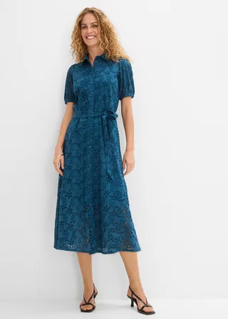 bonprix Lochstickerei-Blusenkleid aus reiner Baumwolle, petrol, Gr.46, feminines Lochstickerei-Blusenkleid aus reiner Baumwolle mit Bindeband in der Taille und Puffärmeln, aus 100% Baumwolle