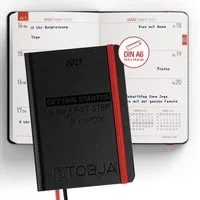 TOBJA Taschenkalender Taschenkalender 2027 A6 Schwarz Hardcover 1 Woche 2 Seiten FSC, Blindprägung, 2 Lesebändchen, Gummiband, FSC, A6