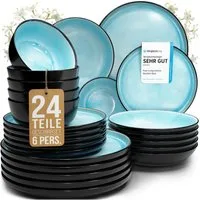 PURE LIVING INTERIOR DESIGN Geschirr-Set Pure Living »Ibiza« (24-tlg), 6 Personen, Steingut, Aquamarin, 6 Personen, Steingut, Mediterrane Handwerksoptik, Reaktive Glasur – jedes Stück einzigartig…