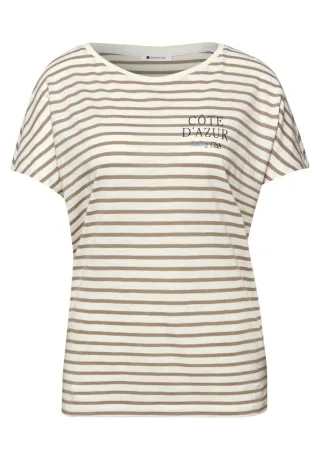 Street One - Gestreiftes T-Shirt mit Schriftzug beige - Gr. - 34