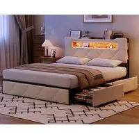 ADWOLT Polsterbett Doppelbett Stauraumbett mit 4 Schubladen Samtstoff, 160x200 cm,Mit USB+TYPE-C,LED-Beleuchtung,Schubladen mit Rädern,Beigau