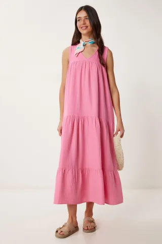 Rüschen V-Ausschnitt Midi-Kleid