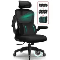 Fukstern Bürostuhl Ergonomischer Bürostuhl mit 90° klappbaren Armlehnen (Verstellbare Kopfstütze, atmungsaktiver Mesh-Bezug, Rücken- und Taillenstütze, Neigung fixierbar bei 90° (maximal kippbar bis 135), bis 150 kg belastbar