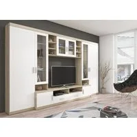 Küchen-Preisbombe Wohnwand Paris Schrankwand Anbauwand Wohnzimmer MDF Weiss + Sonoma Eiche matt, (4-St)