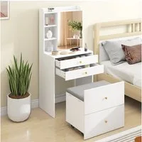 HOMCOM Schminktisch Frisiertisch mit Schrank, Schubladen (Set, 1-St., Schminktisch-Set), Hocker mit Stauraum und Rollen, kompakt, viel Stauraum
