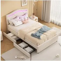Flieks Polsterbett, LED Einzelbett 90x200cm mit 2 Schubladen und verstellbarem Kopfteil