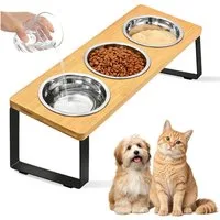 AFKSMILE Futternapf 3er Set Futternapf Katze Futterstation mit 15°Gekippte Holz Ständer, Katzen Futternapf, Katzennäpfe Erhöht mit Napfunterlage Silikon