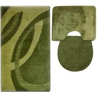 ROLFNERS Badematte 3 tlg Badematte Badezimmerteppich Badteppich Set Grün, Weicher Flor, Rutschfest, Schnell Trocknend, Fußbodenheizungsgeeignet, Polypropylen, Florhöhe ca. 15 mm, Waschbar bis max. 30°C