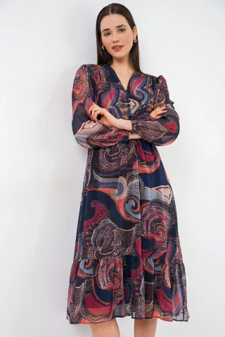 V-Ausschnitt Midi-Kleid mit Knopfverschluss