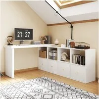 Merax Schreibtisch 360° drehbarer L-förmiger Bürotisch Arbeitstisch (1-St., Schreibtisch 120×48×78 cm/Sideboard 140×35×74 cm), Eckschreibtisch mit Sideboard, 8 Fächer, 4 Schubladen & Kippsicherung