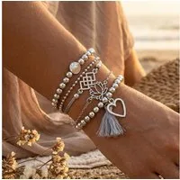 The Beauty House Armband Boho Armband Set Vintage Damen Schmuck (Verstellbarer Schmuck aus Legierung), mit Anhängern & Quaste in Silberoptik