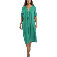 dy_mode Hemdblusenkleid Damen Leinenkleid Midi Hemdblusenkleid mit V-Ausschnitt Freizeitkleid in Unifarbe, V-Ausschnitt, mit seitlichen Eingriffstaschen