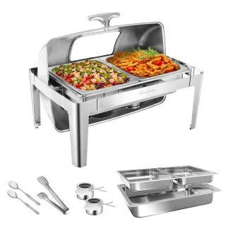 Warmounts 9QT Rectangular Roll Top Chafing Dish Buffet Set, Stainless Steel Catering Server Food Warmer with Glass Lid &
