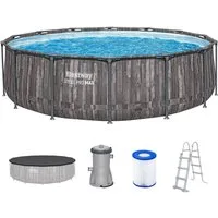 Bestway Framepool 5614Z Steel Pro MAX Frame Pool Komplett Set Ø 427 x 107 cm (Komplett Set, 1-tlg., Filterpumpe, Filterkartusche, Leiter, Abdeckplane, Reparaturflicken), Edle Holzoptik Mooreiche