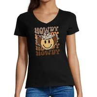 MyDesign24 T-Shirt Damen Smiley Print Shirt - Lächelndes Cowboy Gesicht V-Ausschnitt Baumwollshirt mit Aufdruck Slim Fit i289