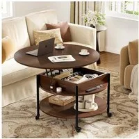 FABATO Couchtisch Runder Couchtisch mit Höhenverstellung, Rädern und Staufach (1-St), ideal für Wohnzimmer, in Braun