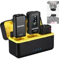 Neewer Streaming-Mikrofon CM28 Kabelloses Lavaliermikrofon mit Rauschunterdrückung, 4GB, 9h (Set), 1 RX + 2 TX + Ladekoffer, 200 m Reichweite, für iPhone Android Kamera