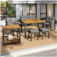 Merax Gartenlounge-Set Gartenmöbel Lounge-Set mit Eisengestell und geflochtenen Armlehnen, (6-Sitzer-Sitzgruppe, 7-tlg), Terrassenmöbel mit Tisch, 2 Sesseln, Zweisitzer, 2 Hockern & Handwagen