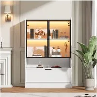 Merax Glasvitrine Vitrine LED Standvitrine in Weiß (1-St) Wohnzimmerschrank mit Glastüren, Klapptür & Stauraum, 80x35x120cm