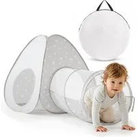 Mamabrum Spieltunnel Mamabrum Spielzelt mit Tunnel Pop-Up Kinderzelt Grau Weiß